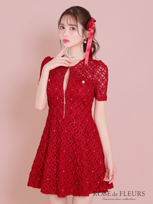 画像6: XSサイズあり【ROBE de FLEURS/ローブドフルール】シースルーレース/ ビジュー/ バストジップ/ 袖あり/ 半袖/ フレア/ ミニドレス/ キャバドレス[OF2] (6)