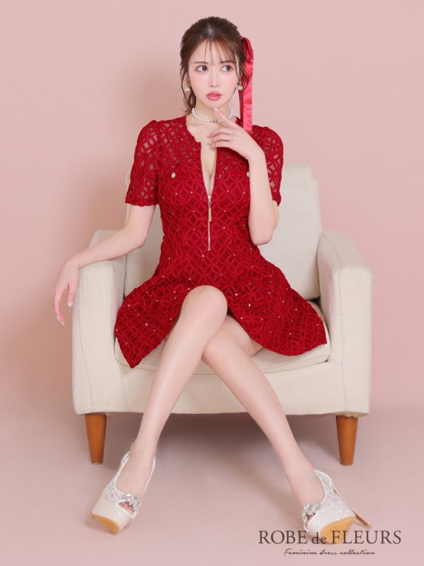 画像7: XSサイズあり【ROBE de FLEURS/ローブドフルール】シースルーレース/ ビジュー/ バストジップ/ 袖あり/ 半袖/ フレア/ ミニドレス/ キャバドレス[OF2] (7)