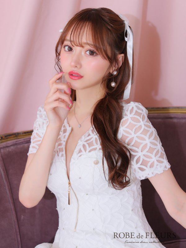 画像10: XSサイズあり【ROBE de FLEURS/ローブドフルール】シースルーレース/ ビジュー/ バストジップ/ 袖あり/ 半袖/ フレア/ ミニドレス/ キャバドレス[OF2] (10)