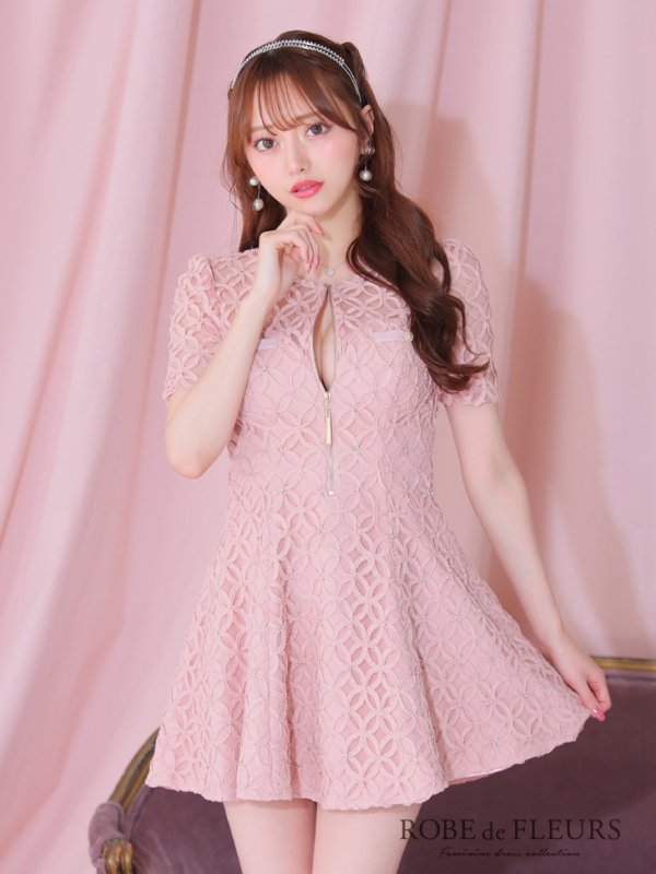 画像12: XSサイズあり【ROBE de FLEURS/ローブドフルール】シースルーレース/ ビジュー/ バストジップ/ 袖あり/ 半袖/ フレア/ ミニドレス/ キャバドレス[OF2] (12)