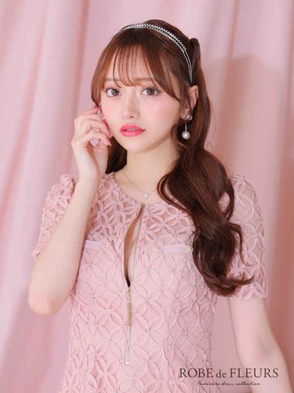 画像13: XSサイズあり【ROBE de FLEURS/ローブドフルール】シースルーレース/ ビジュー/ バストジップ/ 袖あり/ 半袖/ フレア/ ミニドレス/ キャバドレス[OF2] (13)