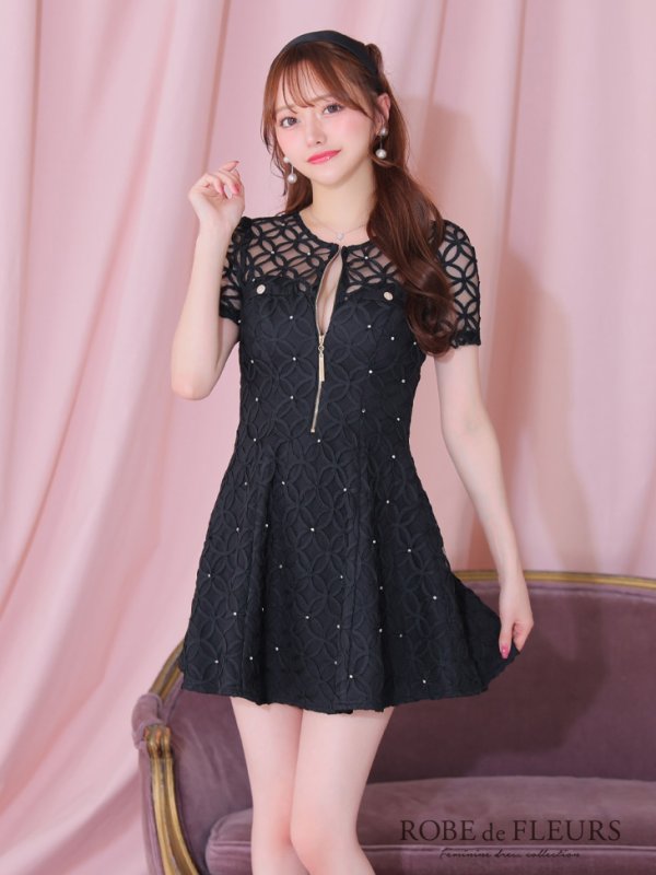 画像15: XSサイズあり【ROBE de FLEURS/ローブドフルール】シースルーレース/ ビジュー/ バストジップ/ 袖あり/ 半袖/ フレア/ ミニドレス/ キャバドレス[OF2] (15)