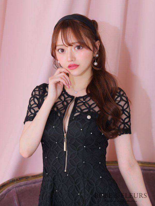 画像16: XSサイズあり【ROBE de FLEURS/ローブドフルール】シースルーレース/ ビジュー/ バストジップ/ 袖あり/ 半袖/ フレア/ ミニドレス/ キャバドレス[OF2] (16)