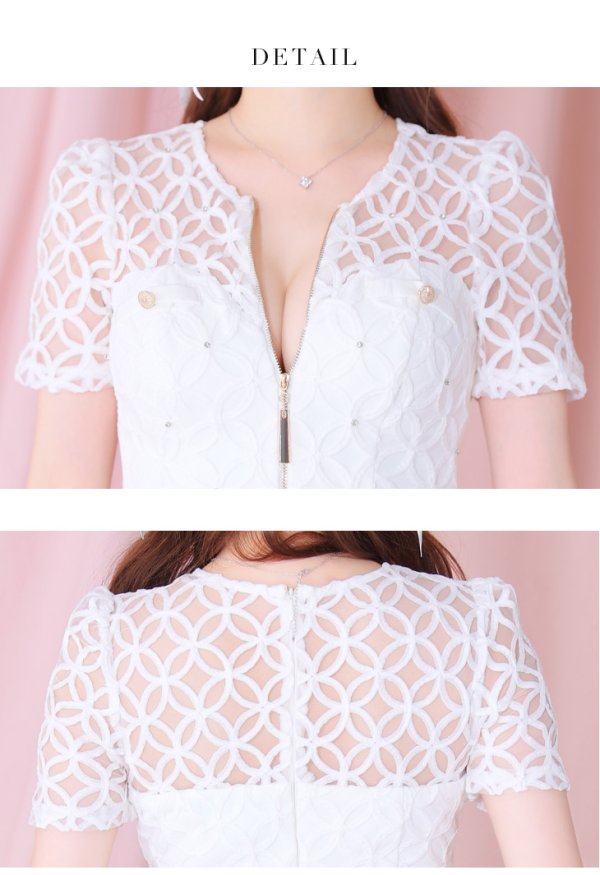 画像19: XSサイズあり【ROBE de FLEURS/ローブドフルール】シースルーレース/ ビジュー/ バストジップ/ 袖あり/ 半袖/ フレア/ ミニドレス/ キャバドレス[OF2] (19)
