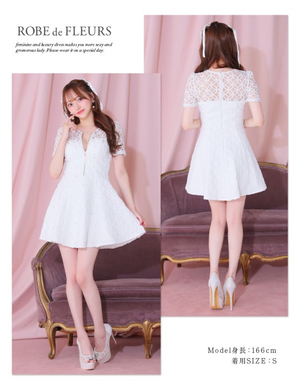 画像18: XSサイズあり【ROBE de FLEURS/ローブドフルール】シースルーレース/ ビジュー/ バストジップ/ 袖あり/ 半袖/ フレア/ ミニドレス/ キャバドレス[OF2] (18)