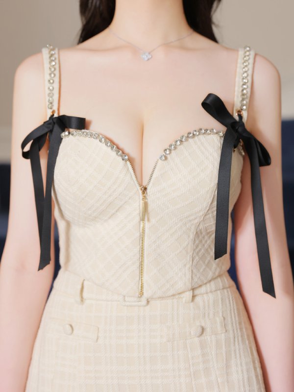 画像19: XSサイズあり【ROBE de FLEURS/ローブドフルール】スエードリボン/ チェックツイード/ ベルトデザイン/ フレア/ セットアップ/ ミニドレス/ キャバドレス[OF08] (19)