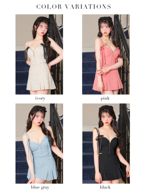 画像15: XSサイズあり【ROBE de FLEURS/ローブドフルール】スエードリボン/ チェックツイード/ ベルトデザイン/ フレア/ セットアップ/ ミニドレス/ キャバドレス[OF08] (15)