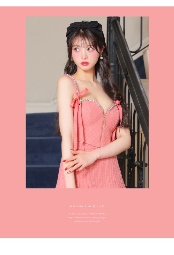 画像4: XSサイズあり【ROBE de FLEURS/ローブドフルール】スエードリボン/ チェックツイード/ ベルトデザイン/ フレア/ セットアップ/ ミニドレス/ キャバドレス[OF08] (4)