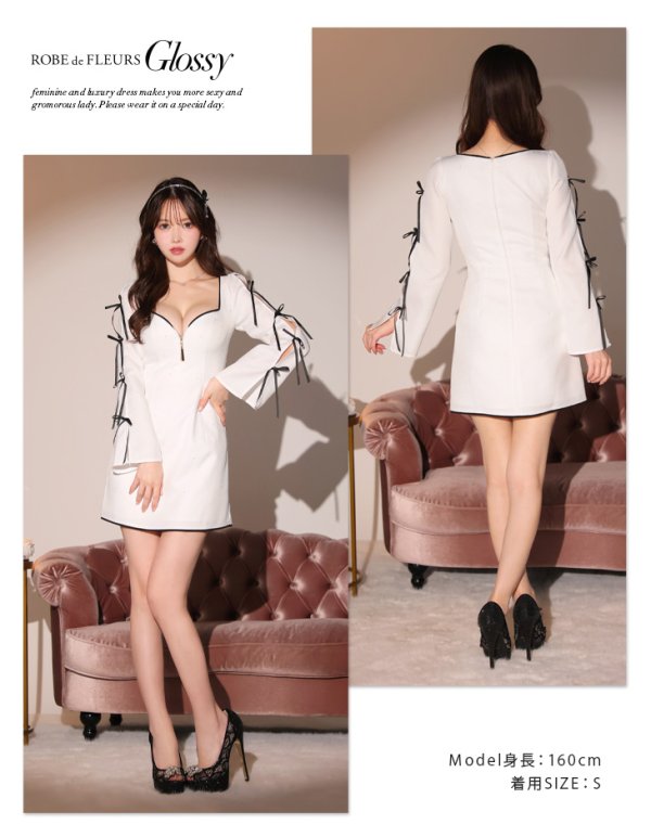 画像15: XSサイズあり【Glossy/グロッシー】リボンラインスリーブ/ 袖付き/ スタッズ/ フロントジップ/ フレア/ ミニドレス/ キャバドレス[OF08] (15)