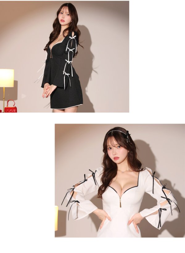 画像25: XSサイズあり【Glossy/グロッシー】リボンラインスリーブ/ 袖付き/ スタッズ/ フロントジップ/ フレア/ ミニドレス/ キャバドレス[OF08] (25)