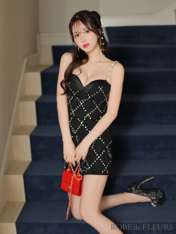 画像45: 【るな/関西コレクション着用】XSサイズあり【ROBE de FLEURS/ローブドフルール】サテンリボン/ ビジュー/ ガーリー/ セットアップ/ タイト/ ミニドレス/ キャバドレス[OF08] (45)