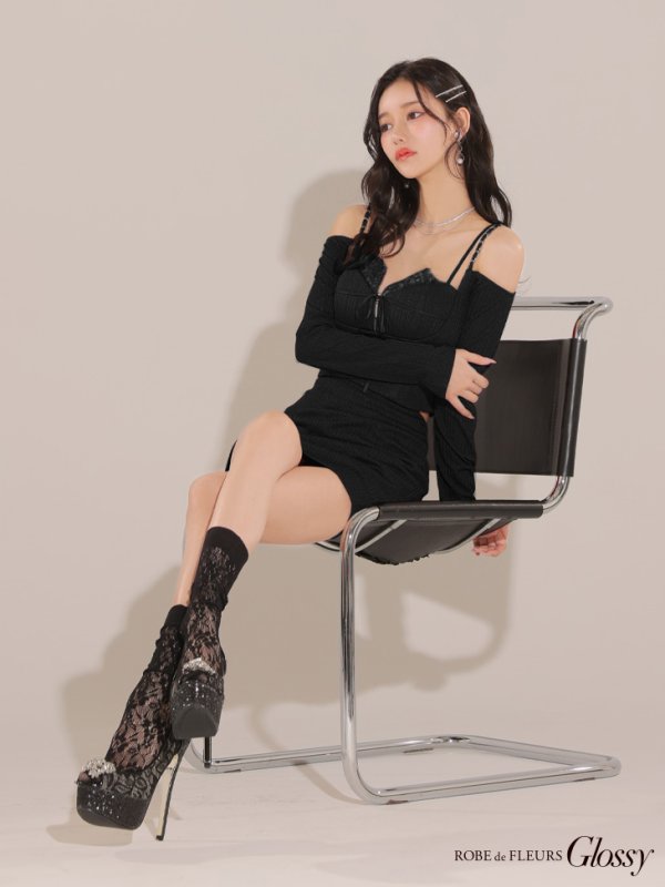 画像6: XSサイズあり【Glossy/グロッシー】長袖/ オフショル/ 紐リボン/ レースデザイン/ セットアップ/ ミニドレス/ キャバドレス[OF2] (6)