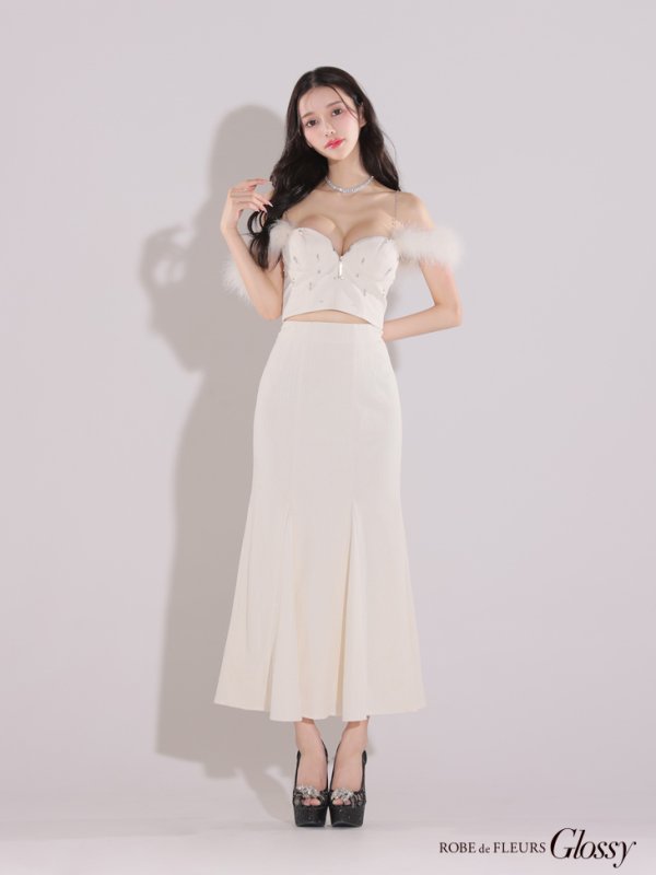 画像6: XS-Lサイズあり【Glossy/グロッシー】フェザーショルダー/ ビジュー/ リブ/ ロングドレス/ キャバドレス long[OF2] (6)