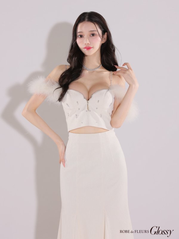 画像8: XS-Lサイズあり【Glossy/グロッシー】フェザーショルダー/ ビジュー/ リブ/ ロングドレス/ キャバドレス long[OF2] (8)
