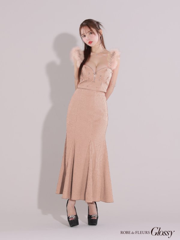 画像10: XS-Lサイズあり【Glossy/グロッシー】フェザーショルダー/ ビジュー/ リブ/ ロングドレス/ キャバドレス long[OF2] (10)