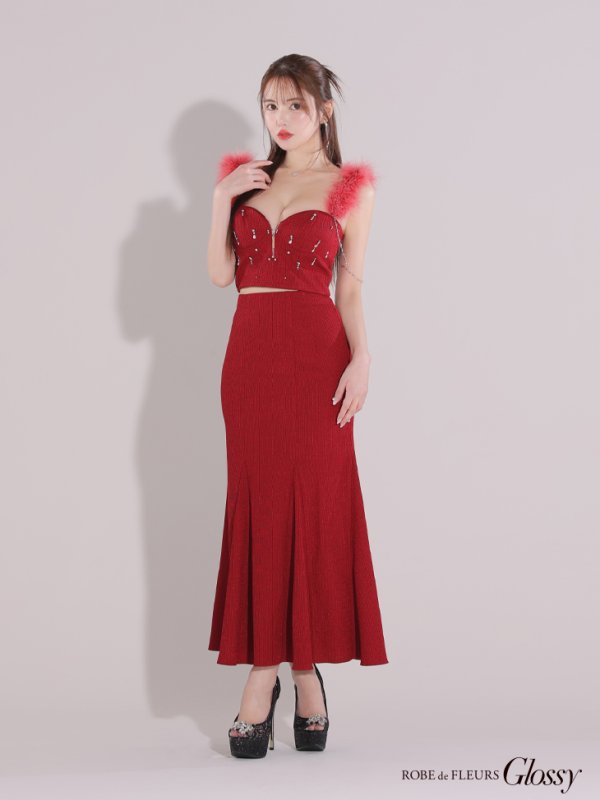 画像12: XS-Lサイズあり【Glossy/グロッシー】フェザーショルダー/ ビジュー/ リブ/ ロングドレス/ キャバドレス long[OF2] (12)