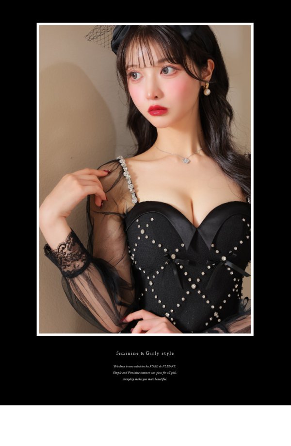 画像4: XSサイズあり【ROBE de FLEURS/ローブドフルール】袖チュール/ ランダムリボン/ セットアップ/ ミニドレス/ キャバドレス[OF08] (4)