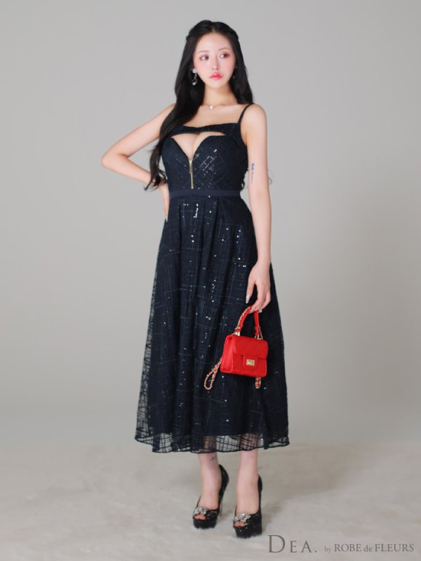 画像8: Lサイズあり【DEA./ディア】デコルテジップ/ チェック/ レース/ フレア/ ミモレ丈/ ミディアムドレス/ キャバドレス[OF08] (8)