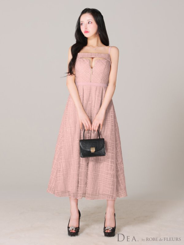 画像9: Lサイズあり【DEA./ディア】デコルテジップ/ チェック/ レース/ フレア/ ミモレ丈/ ミディアムドレス/ キャバドレス[OF08] (9)