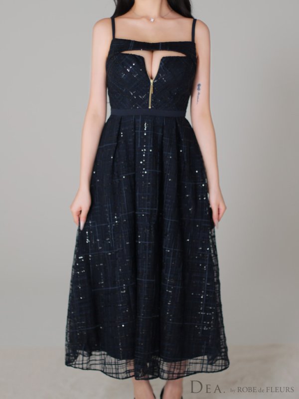 画像10: Lサイズあり【DEA./ディア】デコルテジップ/ チェック/ レース/ フレア/ ミモレ丈/ ミディアムドレス/ キャバドレス[OF08] (10)