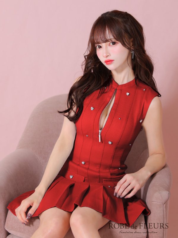 画像13: XSサイズあり【ROBE de FLEURS/ローブドフルール】ハートビジュー/ バストジップ/ プリーツ/ フレア/ ミニドレス/ キャバドレス[OF08] (13)