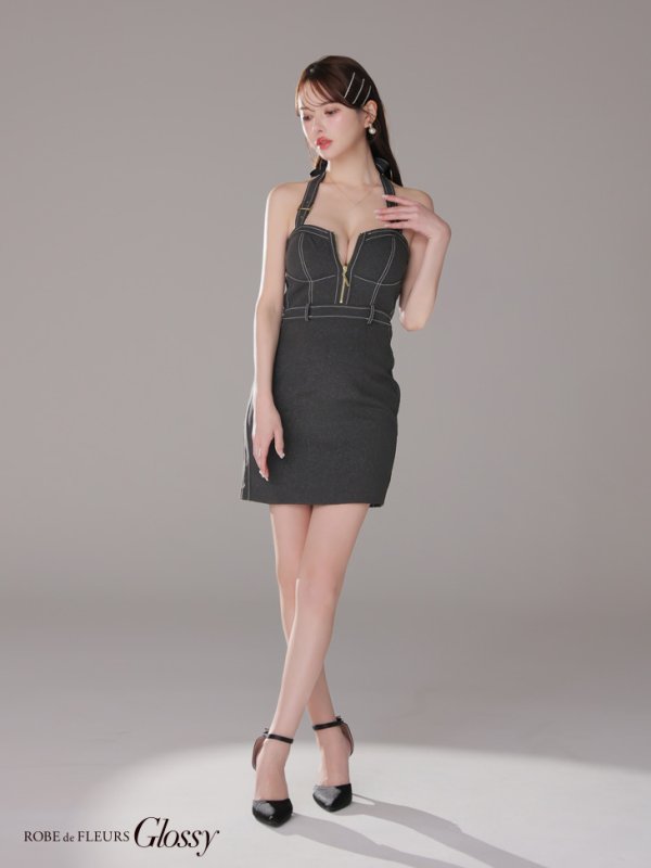 画像12: XSサイズあり【Glossy/グロッシー】バックリボンホルター/ ステッチ/ バストジップ/ タイト/ ミニドレス/ キャバドレス[OF08] (12)