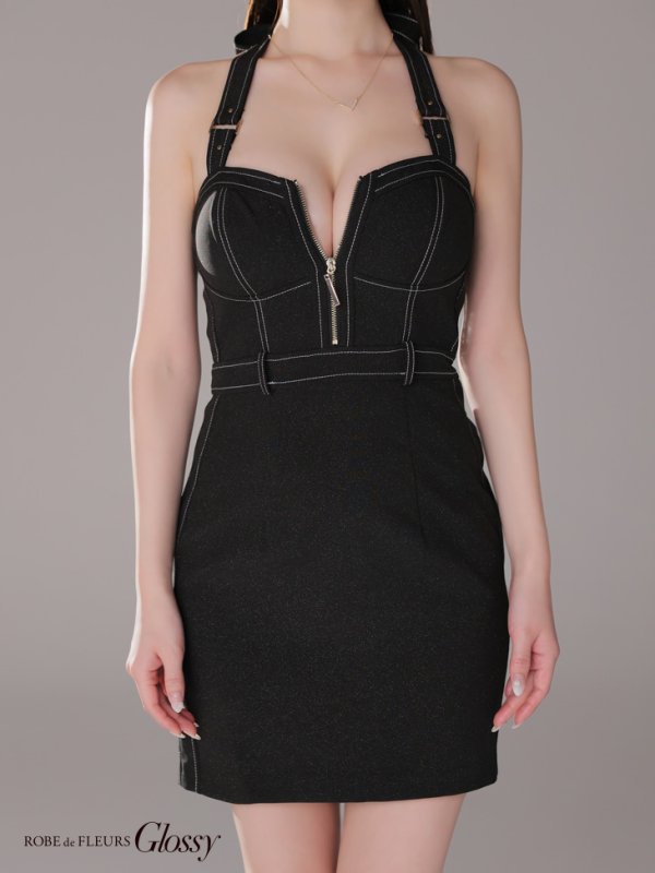 画像5: XSサイズあり【Glossy/グロッシー】バックリボンホルター/ ステッチ/ バストジップ/ タイト/ ミニドレス/ キャバドレス[OF08] (5)