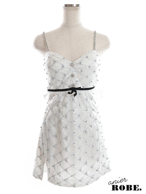 画像8: XSサイズあり【ANIER./アニエル】【ROBE de FLEURS/ローブドフルール】スパンコール付きレース/  キャミソール/ バックカットアウト/ リボン/ 台形スカート/ ミニドレス/ キャバドレス[OF08] (8)