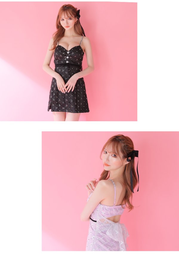 画像2: XSサイズあり【ANIER./アニエル】【ROBE de FLEURS/ローブドフルール】スパンコール付きレース/  キャミソール/ バックカットアウト/ リボン/ 台形スカート/ ミニドレス/ キャバドレス[OF08] (2)