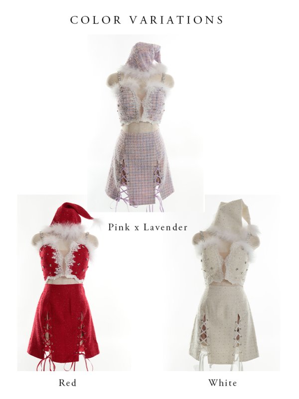 画像15: 【即日発送】XSサイズあり【ANIER./アニエル】【ROBE de FLEURS/ローブドフルール】ツイード/ ツーピース/ 2ピース/ セットアップ/ サンタ/ クリスマス/ ミニドレス/ キャバドレス[帽子付き・胸元のファー取り外し可能][OF08] (15)