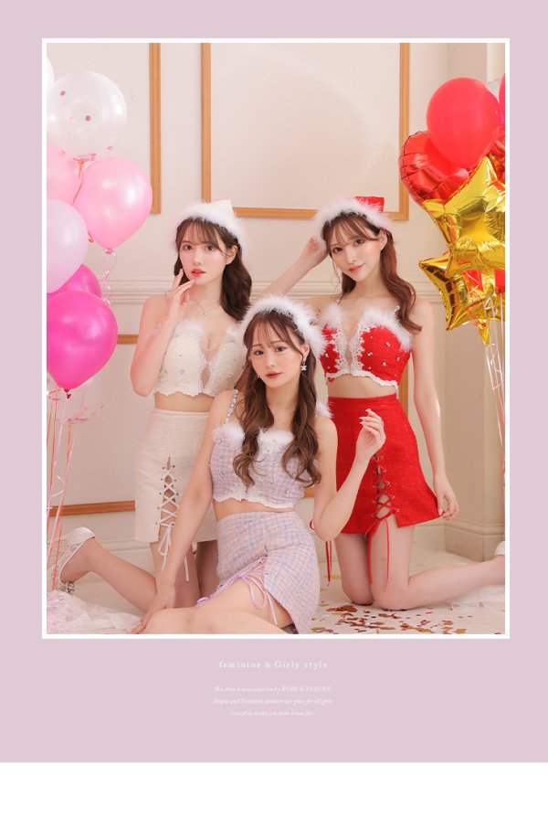 画像3: 【即日発送】XSサイズあり【ANIER./アニエル】【ROBE de FLEURS/ローブドフルール】ツイード/ ツーピース/ 2ピース/ セットアップ/ サンタ/ クリスマス/ ミニドレス/ キャバドレス[帽子付き・胸元のファー取り外し可能][OF08] (3)