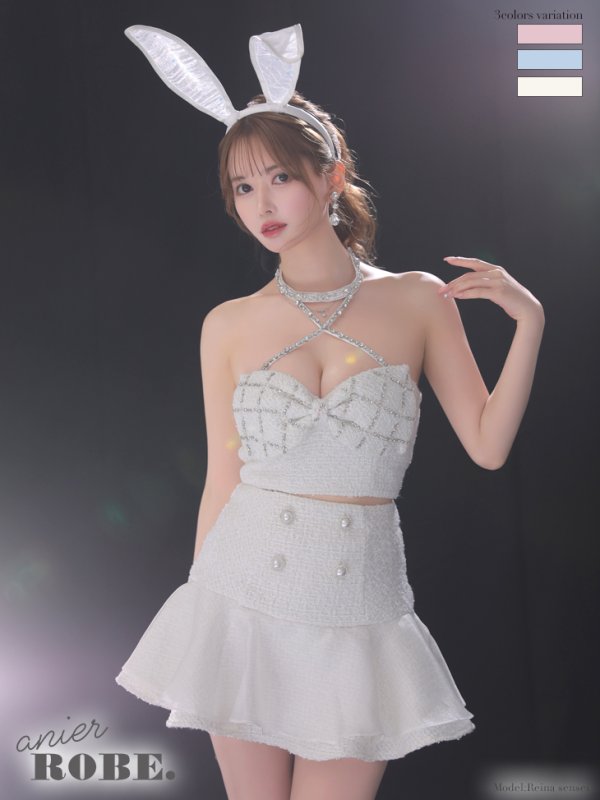 XSサイズあり 【Anier ROBE./アニエルローブ】【ROBE de FLEURS/ローブドフルール】Idol banny dress/ ツイード/ ツーピース/ バニー/ コスプレ/ ミニドレス/ キャバドレス[カチューシャ付き]　アイボリー