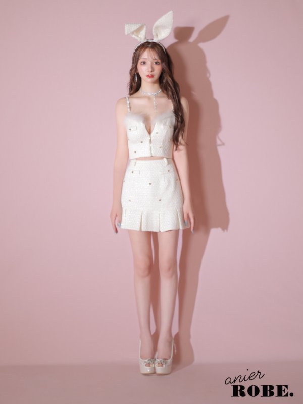 画像14: XSサイズあり【ANIER./アニエル】【ROBE de FLEURS/ローブドフルール】Tweed heart studded bunny setup mini dress/ セットアップ/ 2ピース/ キャミソール/ ハートスタッズ/ コスプレ/ プリーツスカート/ ミニドレス/ キャバドレス[HC03] (14)
