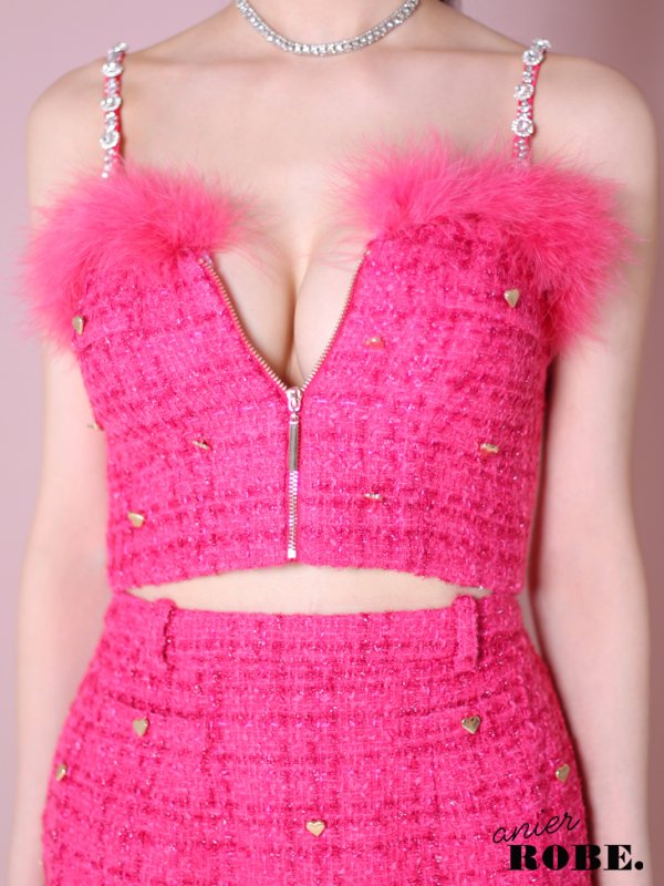 画像9: XSサイズあり【ANIER./アニエル】【ROBE de FLEURS/ローブドフルール】Tweed heart studded bunny setup mini dress/ セットアップ/ 2ピース/ キャミソール/ ハートスタッズ/ コスプレ/ プリーツスカート/ ミニドレス/ キャバドレス[HC03] (9)