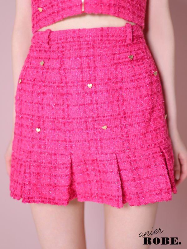 画像10: XSサイズあり【ANIER./アニエル】【ROBE de FLEURS/ローブドフルール】Tweed heart studded bunny setup mini dress/ セットアップ/ 2ピース/ キャミソール/ ハートスタッズ/ コスプレ/ プリーツスカート/ ミニドレス/ キャバドレス[HC03] (10)