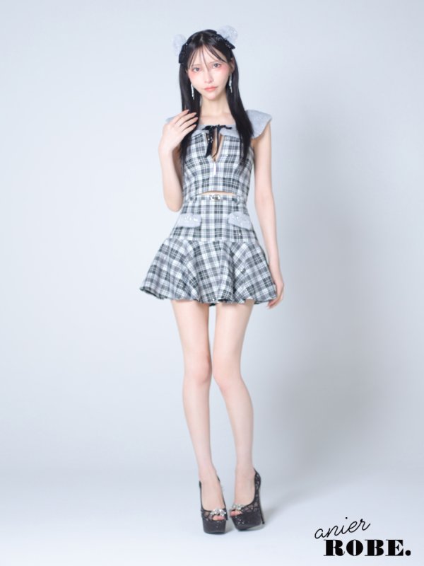 画像5: XSサイズあり【Anier ROBE./アニエルローブ】【ROBE de FLEURS/ローブドフルール】Fluffy cute check bear setup mini dress/ セットアップ/ 2ピース/ キャミソール/ コスプレ/ファー/ フレア/ ミニドレス/ キャバドレス[OF2] (5)