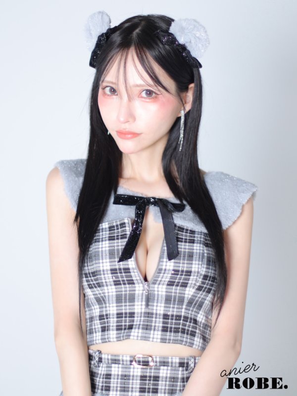 画像6: XSサイズあり【Anier ROBE./アニエルローブ】【ROBE de FLEURS/ローブドフルール】Fluffy cute check bear setup mini dress/ セットアップ/ 2ピース/ キャミソール/ コスプレ/ファー/ フレア/ ミニドレス/ キャバドレス[OF2] (6)