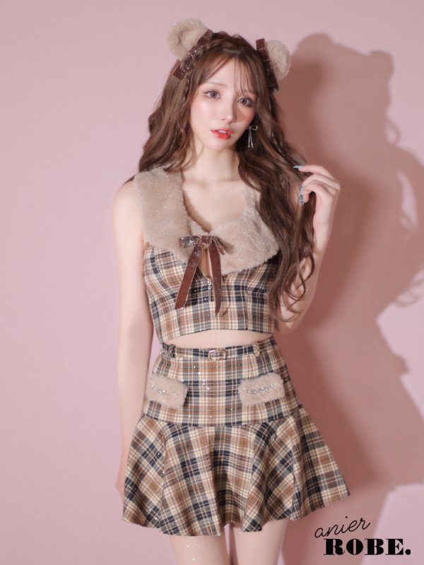 画像9: XSサイズあり【Anier ROBE./アニエルローブ】【ROBE de FLEURS/ローブドフルール】Fluffy cute check bear setup mini dress/ セットアップ/ 2ピース/ キャミソール/ コスプレ/ファー/ フレア/ ミニドレス/ キャバドレス[OF2] (9)