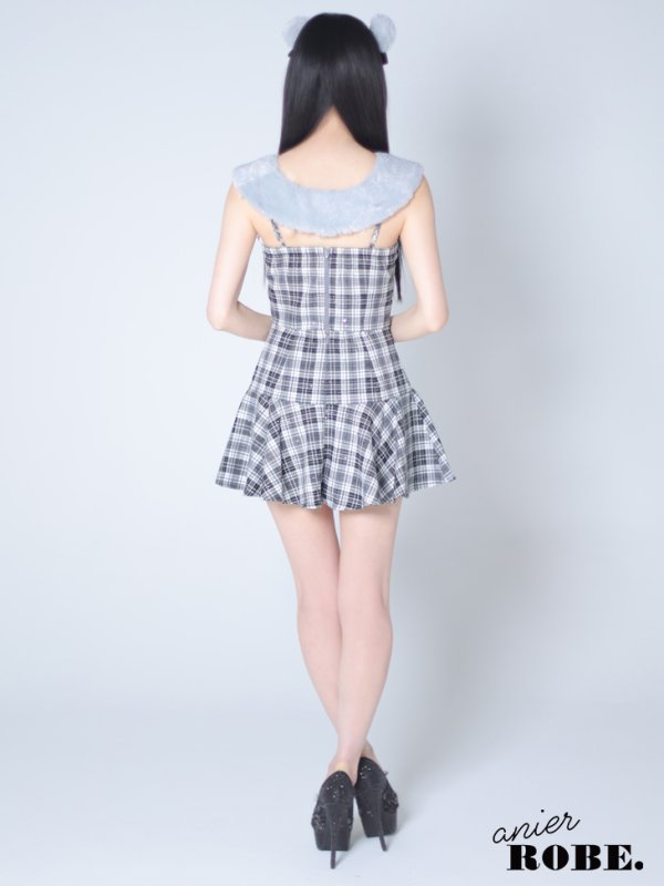 画像11: XSサイズあり【Anier ROBE./アニエルローブ】【ROBE de FLEURS/ローブドフルール】Fluffy cute check bear setup mini dress/ セットアップ/ 2ピース/ キャミソール/ コスプレ/ファー/ フレア/ ミニドレス/ キャバドレス[OF2] (11)