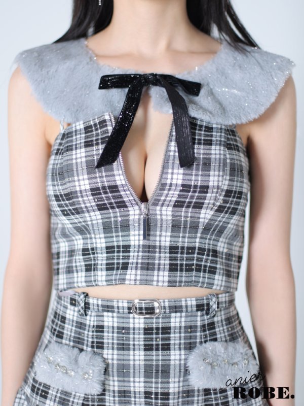 画像13: XSサイズあり【Anier ROBE./アニエルローブ】【ROBE de FLEURS/ローブドフルール】Fluffy cute check bear setup mini dress/ セットアップ/ 2ピース/ キャミソール/ コスプレ/ファー/ フレア/ ミニドレス/ キャバドレス[OF2] (13)