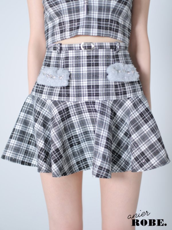 画像14: XSサイズあり【Anier ROBE./アニエルローブ】【ROBE de FLEURS/ローブドフルール】Fluffy cute check bear setup mini dress/ セットアップ/ 2ピース/ キャミソール/ コスプレ/ファー/ フレア/ ミニドレス/ キャバドレス[OF2] (14)