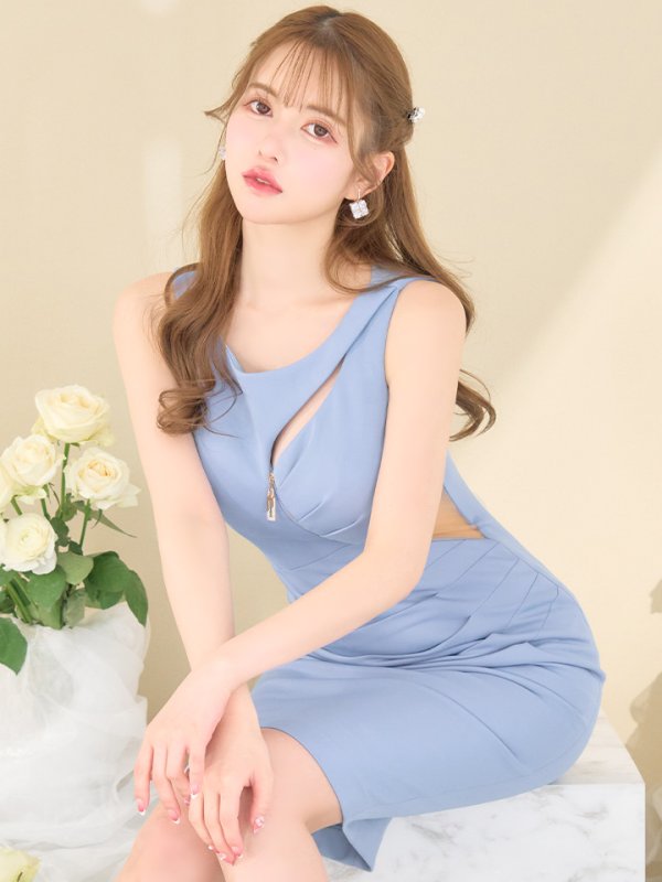 画像2: Lサイズあり【JEAN MACLEAN/ジャンマクレーン】ノースリーブ/ ワンカラー/ ジップ/ タック/ ひざ丈/ タイト/ ミディアムドレス/ キャバドレス【HC02】 (2)