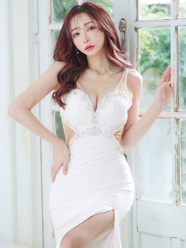 画像6: 【IRMA/イルマ】マーメイド/ ビジュー刺繍/ ノースリーブ/ スリット/ シアー/ サテン/ タイト/ ロングドレス/ キャバドレス long[OF2A] (6)