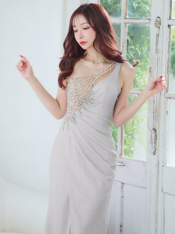 画像13: Lサイズあり【IRMA/イルマ】 ワンショル/ ビジュー/ ラメニット/ タック/ ワンカラー/ タイト/ ロングドレス/ キャバドレス long[OF2A] (13)