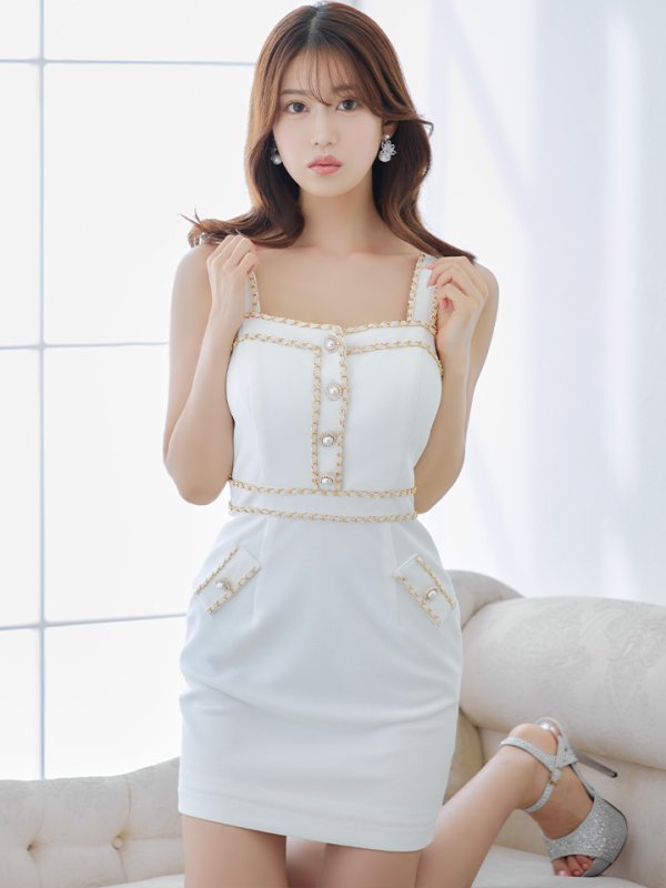 画像4: XSサイズあり【IRMA/イルマ】チェーンパイピング/ パールボタン/ ノースリーブ/ タイト/ ミニドレス/ キャバドレス【HC02】 (4)