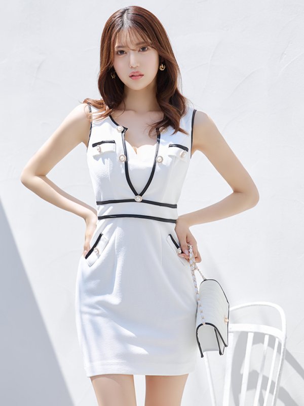 画像2: XSサイズあり【IRMA/イルマ】バイカラー/ パイピング/ ノースリーブ/ パールボタン/ ストレッチ/ タイト/ ミニドレス/ キャバドレス【HC02】 (2)