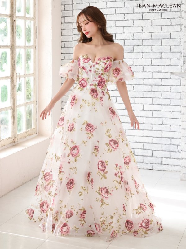 画像3: Lサイズあり【JEAN MACLEAN/ジャンマクレーン】フラワープリント/ オーガンジー/ ベア/ パフスリーブ/ 袖あり/ プリンセス/ Aライン/ ロングドレス / キャバドレス long[OF2A] (3)