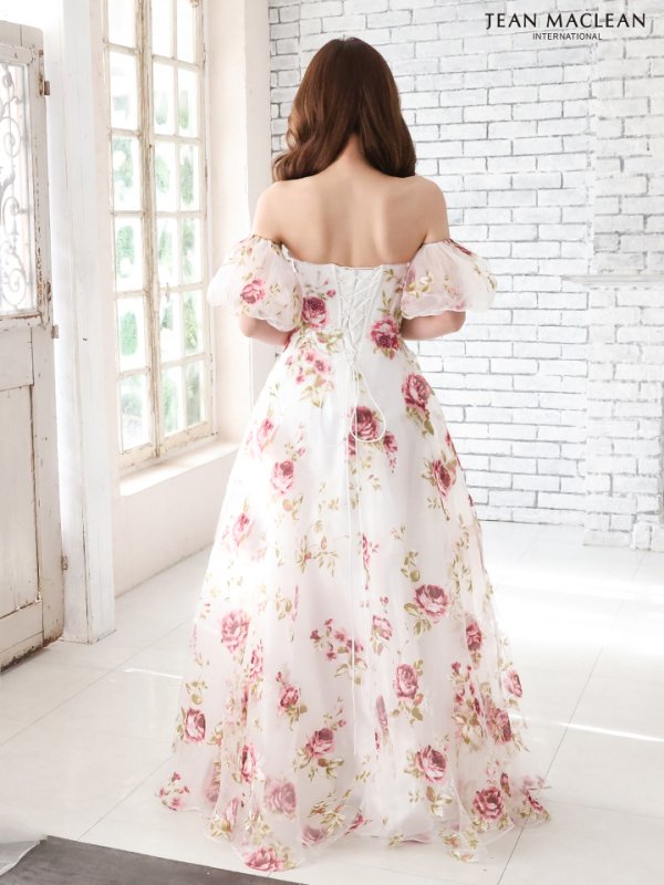 画像4: Lサイズあり【JEAN MACLEAN/ジャンマクレーン】フラワープリント/ オーガンジー/ ベア/ パフスリーブ/ 袖あり/ プリンセス/ Aライン/ ロングドレス / キャバドレス long[OF2A] (4)