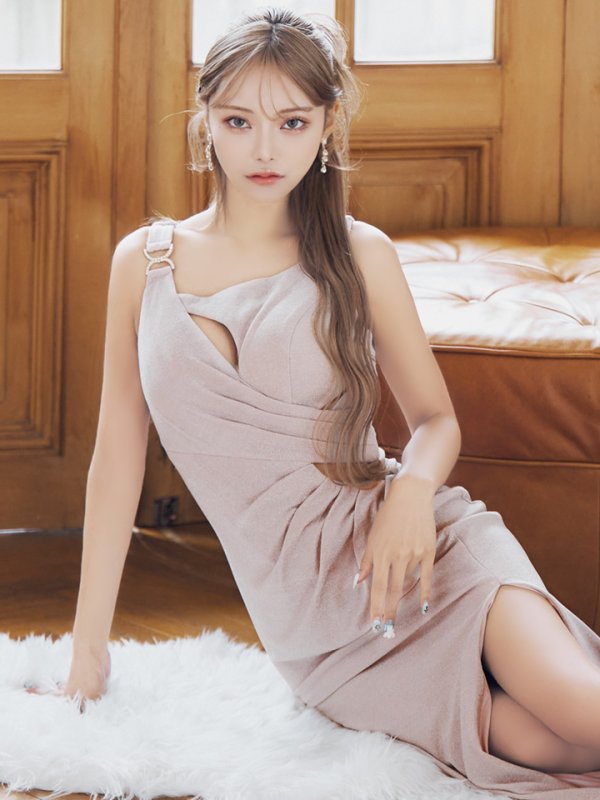 画像2: Lサイズあり【JEAN MACLEAN/ジャンマクレーン】ラメニット/ カットアウト/ ストレッチ/ タック/ スリット/ タイト/ ロングドレス/ キャバドレス long[OF2A] (2)