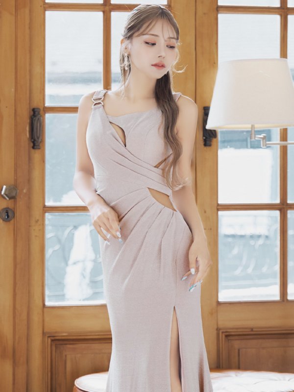 画像6: Lサイズあり【JEAN MACLEAN/ジャンマクレーン】ラメニット/ カットアウト/ ストレッチ/ タック/ スリット/ タイト/ ロングドレス/ キャバドレス long[OF2A] (6)